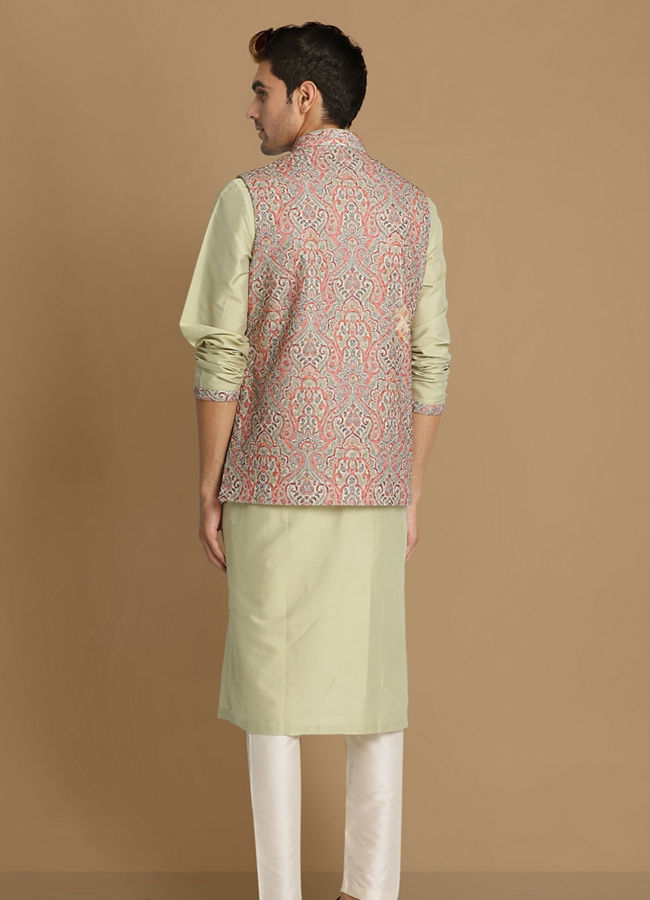Multicolored Jacket With Lime Green Kurta Set image number 2